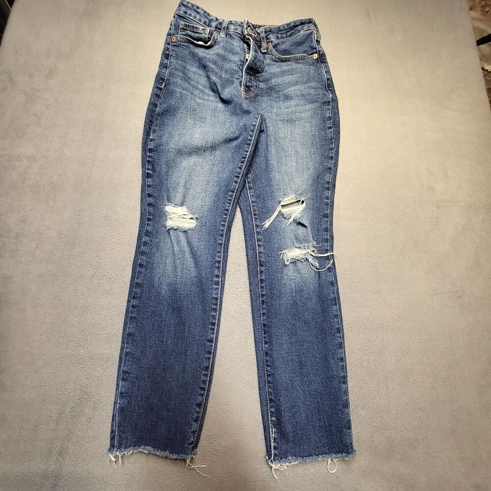 Old Navy Jeans Womens 8 Blue OG Straight Leg Distressed Denim Stretch‎